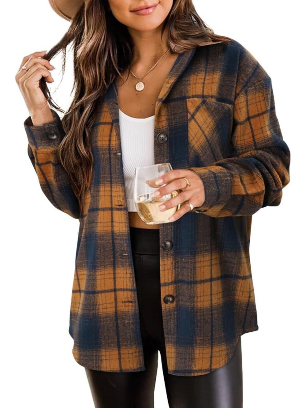 Women's Brown & Blue Plaid Flannel Button-Down Long Sleeves Oversized Shacket